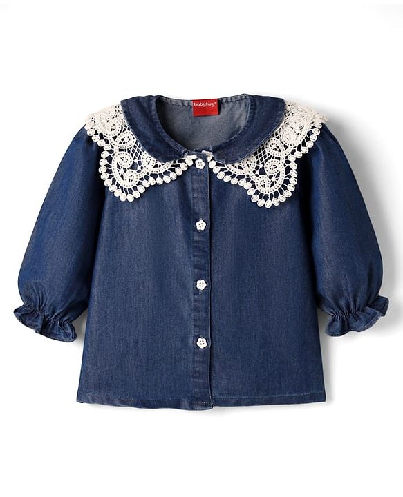 Babyhug Rayon Woven Full Sleeves Peter Pan Collared Front Open Top with Lace Detailing - Navy Blue