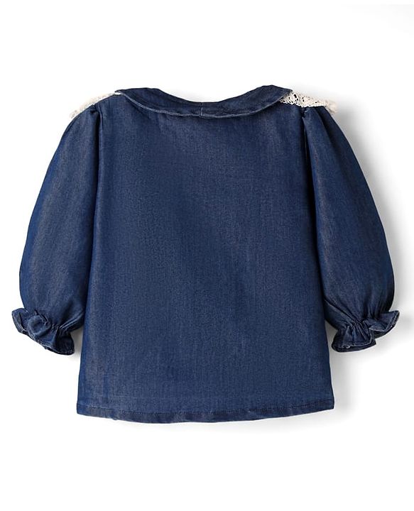 Babyhug Rayon Woven Full Sleeves Peter Pan Collared Front Open Top with Lace Detailing - Navy Blue