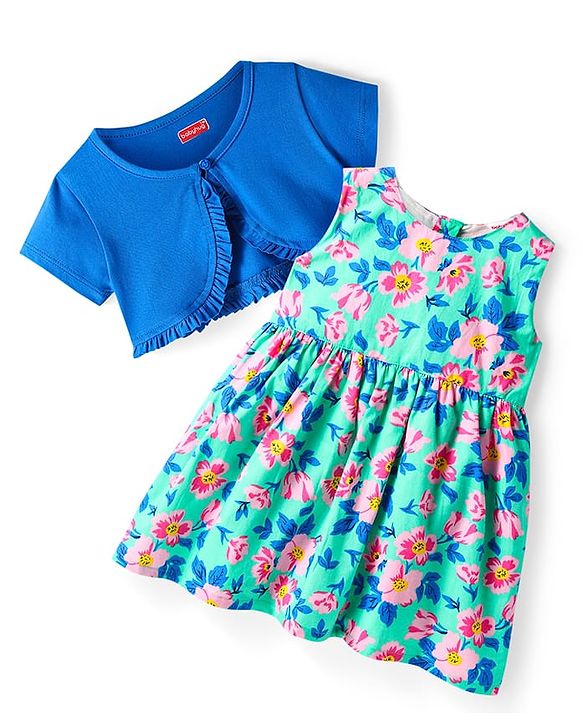 Babyhug Cotton Woven Frock & Half Sleeves Shrug With Floral Print - Sea Green