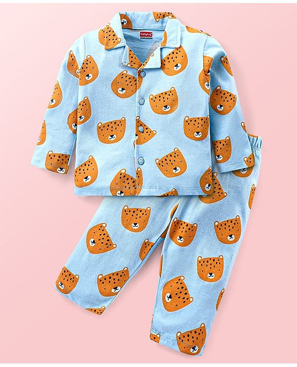 Babyhug Cotton  Knit Full Sleeves Front Open Night Suit with Tiger Print- Blue
