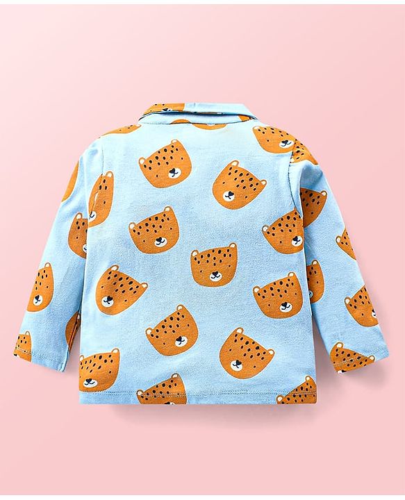 Babyhug Cotton  Knit Full Sleeves Front Open Night Suit with Tiger Print- Blue