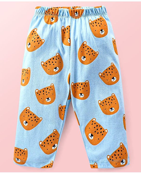 Babyhug Cotton  Knit Full Sleeves Front Open Night Suit with Tiger Print- Blue