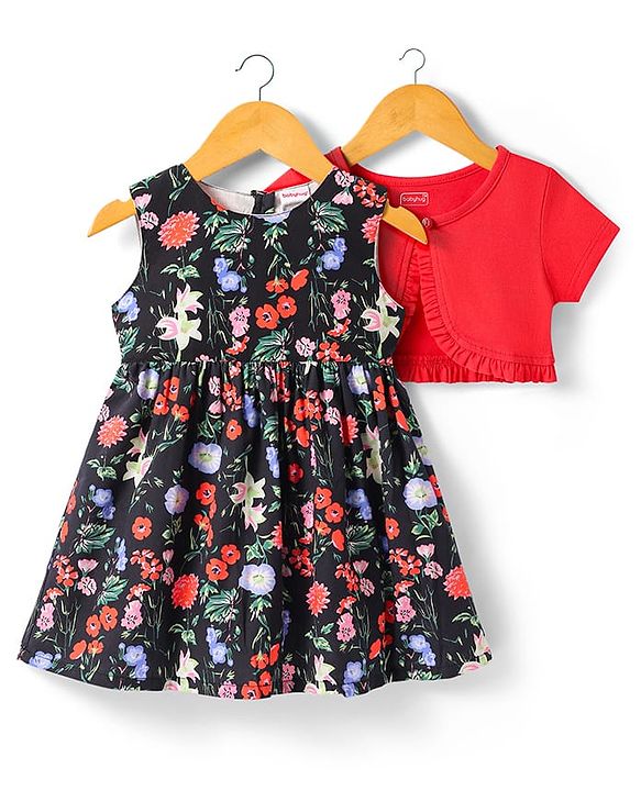 Babyhug Cotton Woven Half Sleeves Solid Color Shrug & Floral Printed Frock - Black & Red