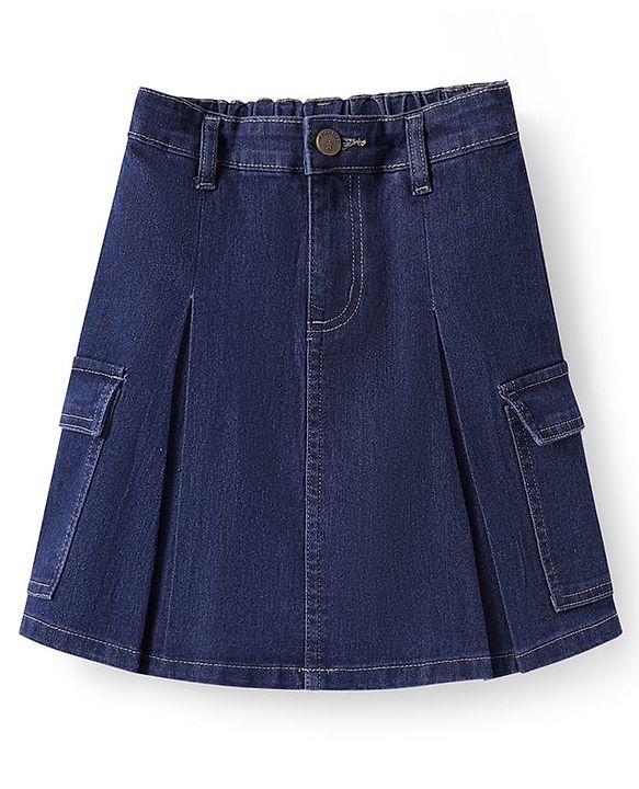 Pine Kids Knee Length Washed Denim Skirt with Pocket Detailing - Navy Blue