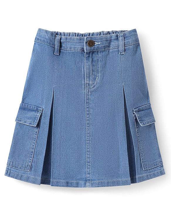 Pine Kids Knee Length Washed Denim Skirt with Pocket Detailing - Light Blue
