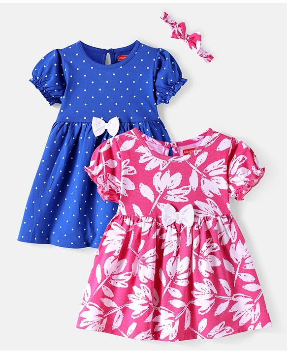 Babyhug Cotton Knit Half Puffed Sleeves Polka Dots & Floral Printed Frock with Headband & Bow Applique Pack of 2 - Blue & Pink