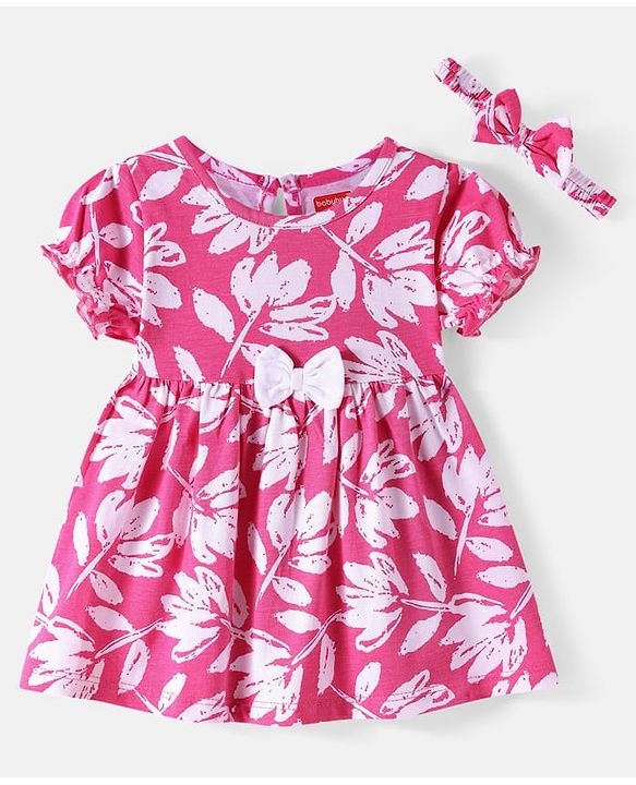 Babyhug Cotton Knit Half Puffed Sleeves Polka Dots & Floral Printed Frock with Headband & Bow Applique Pack of 2 - Blue & Pink