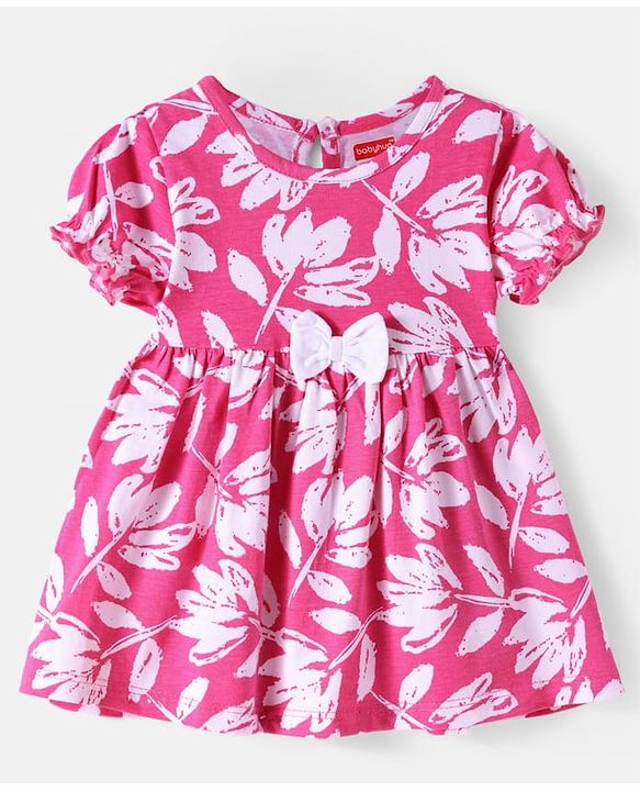 Babyhug Cotton Knit Half Puffed Sleeves Polka Dots & Floral Printed Frock with Headband & Bow Applique Pack of 2 - Blue & Pink