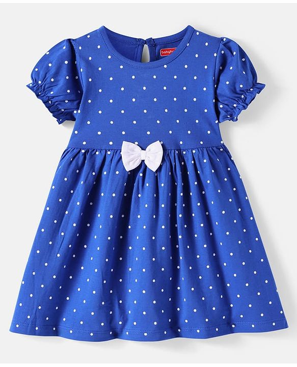 Babyhug Cotton Knit Half Puffed Sleeves Polka Dots & Floral Printed Frock with Headband & Bow Applique Pack of 2 - Blue & Pink