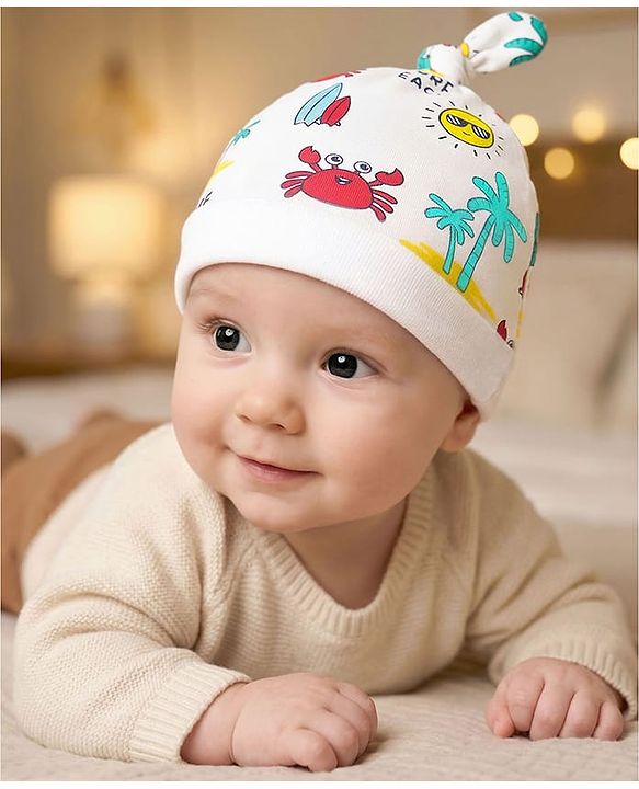 Babyhug Interlock Knit Beach Theme Printed Cap White - Diameter 10.5 cm