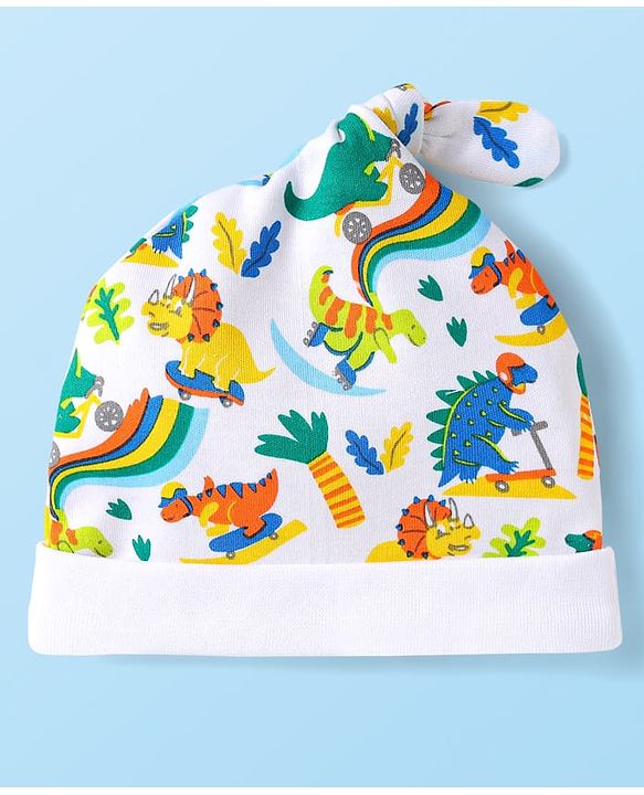 Babyhug 100% Cotton Interlock Knit Cap With Dino Print  White - Diameter 10
