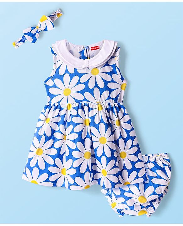 Babyhug Cotton Knit Sleeveless Floral Printed Peter Pan Collared Frock with Bloomer & Headband - Blue
