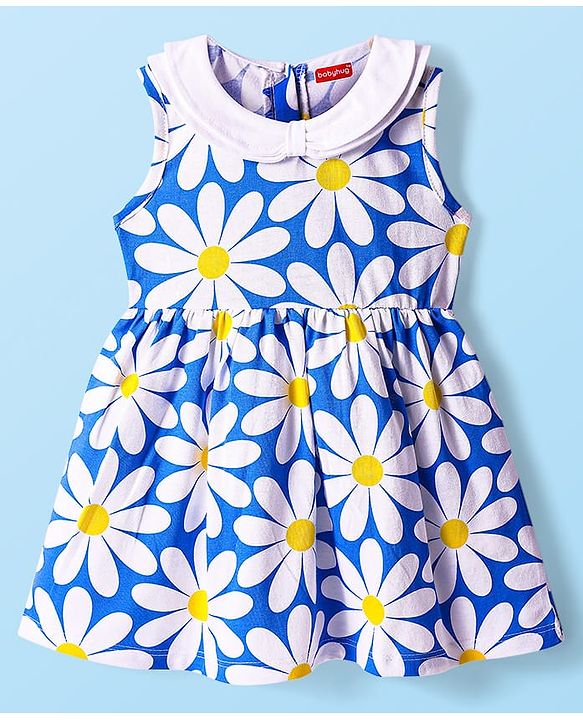Babyhug Cotton Knit Sleeveless Floral Printed Peter Pan Collared Frock with Bloomer & Headband - Blue