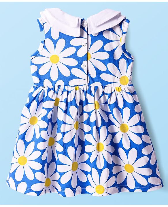 Babyhug Cotton Knit Sleeveless Floral Printed Peter Pan Collared Frock with Bloomer & Headband - Blue