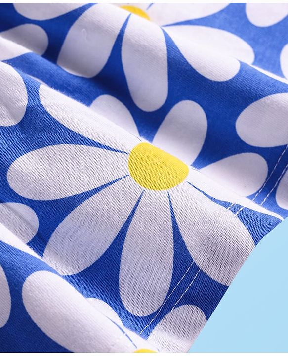 Babyhug Cotton Knit Sleeveless Floral Printed Peter Pan Collared Frock with Bloomer & Headband - Blue