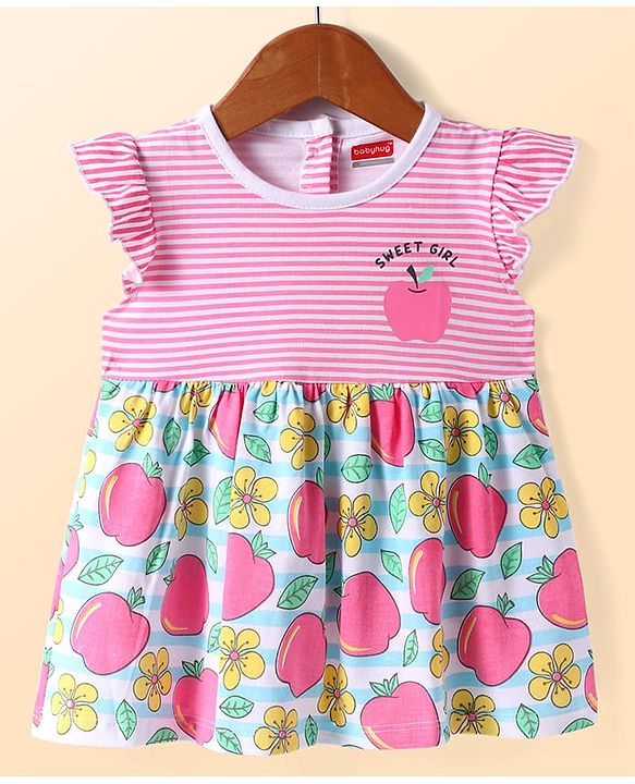 Babyhug Cotton Knit Frill Sleeves Frock With Floral & Apple Print - Pink
