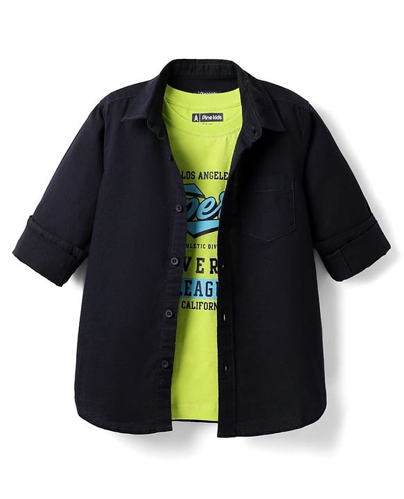Pine Kids Cotton Woven Full Sleeves Shirt With Printed T-Shirt - Navy Blue & Green