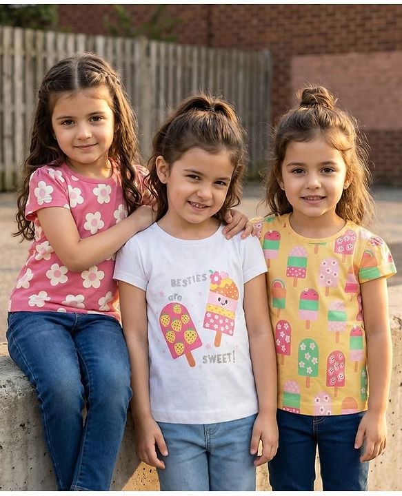 Babyhug Cotton Knit Cap Sleeves T-Shirts with Floral & Popsicle Glitter Print Pack of 3 - Pink White & Yellow