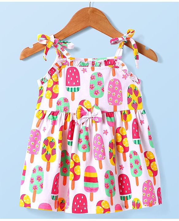 Babyhug Cotton Knit Singlet Sleeves Frock With Ice Cream Print - White