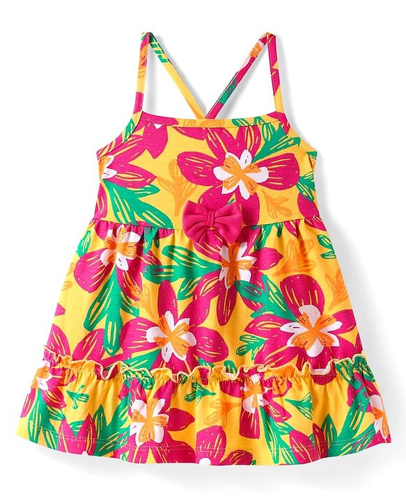 Babyhug Cotton Knit Singlet Sleeves Frock with Floral Print - Yellow