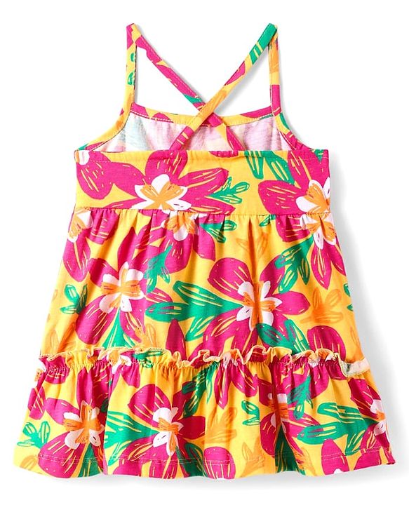 Babyhug Cotton Knit Singlet Sleeves Frock with Floral Print - Yellow