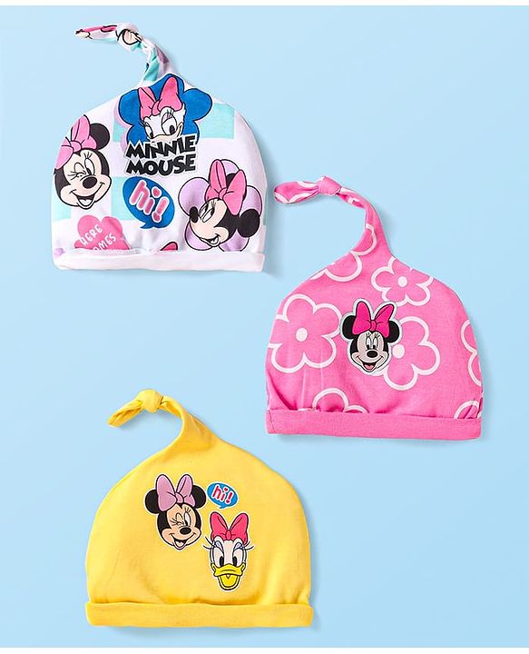 Babyhug Disney Interlock Knit Knot Caps with Minnie Mouse & Family Graphics Pack of 3 Pink White & Yellow - Diameter 15 cm