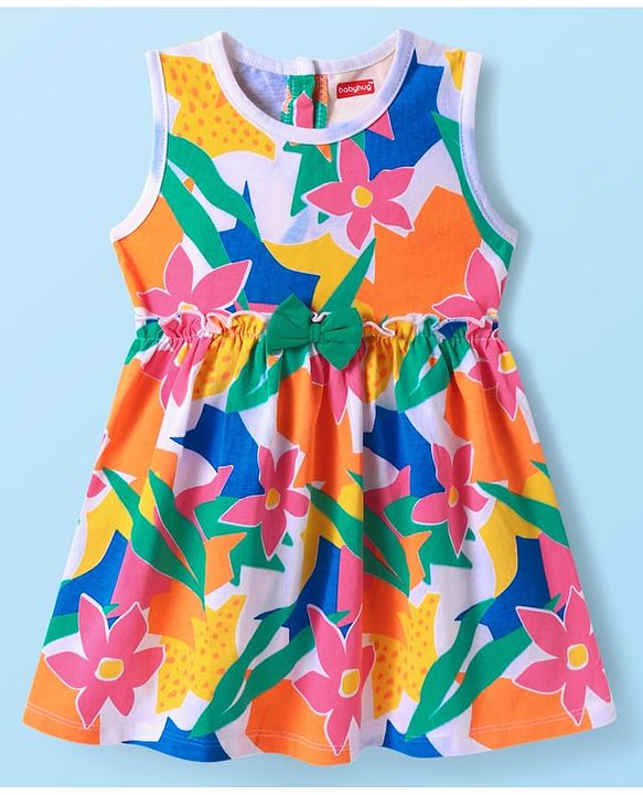 Babyhug Cotton Knit Sleeveless Frock With Floral Print & Bow Applique - White