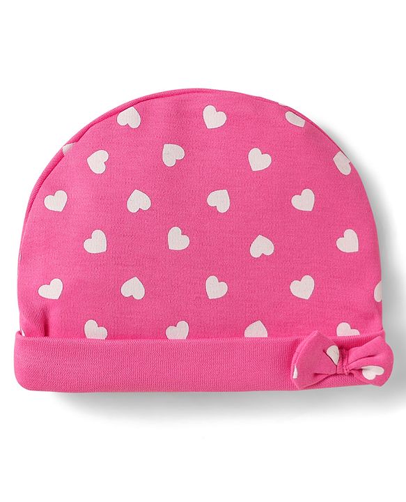 Babyhug 100% Cotton Knit Cap With Heart Print & Bow Applique - Pink