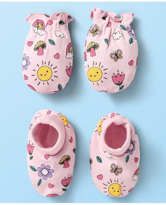 Babyhug 100% Cotton Interlock Knit Mittens & Booties With Floral Print - Pink