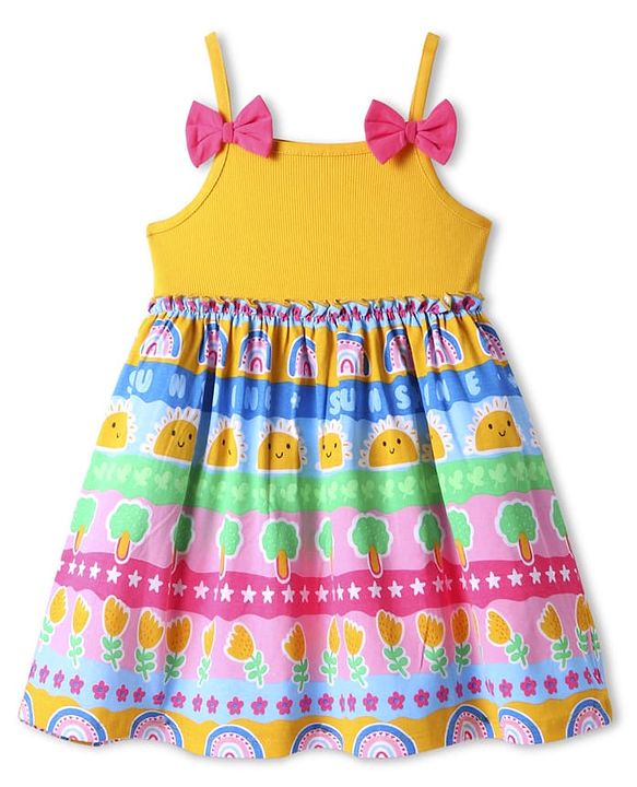 Babyhug Cotton Knit Singlet Sleeves Frock with Bow Applique & Tropical Theme Print - Yellow