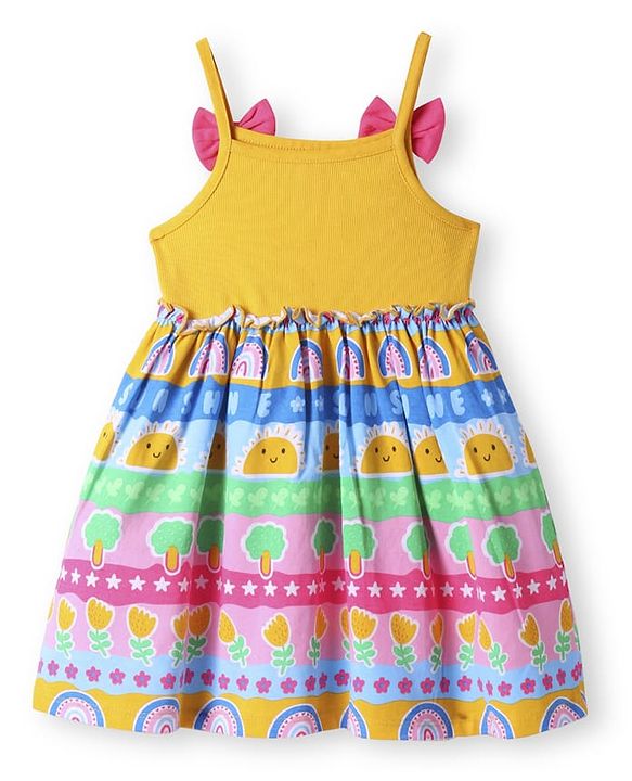 Babyhug Cotton Knit Singlet Sleeves Frock with Bow Applique & Tropical Theme Print - Yellow