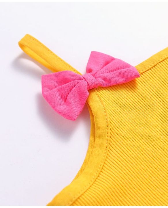 Babyhug Cotton Knit Singlet Sleeves Frock with Bow Applique & Tropical Theme Print - Yellow