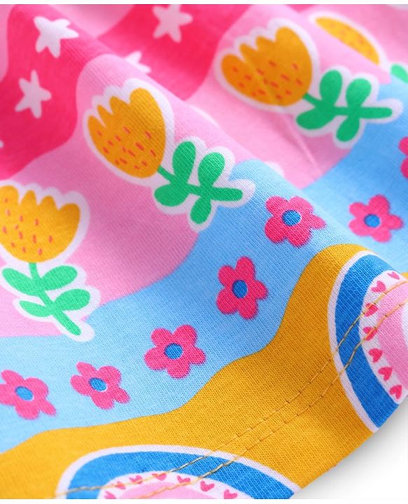 Babyhug Cotton Knit Singlet Sleeves Frock with Bow Applique & Tropical Theme Print - Yellow