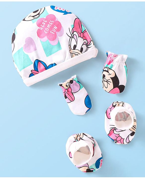 Babyhug Disney Interlock Knit Caps Mitten & Booties Set with Minnie Mouse Graphics White - Diameter 10 cm