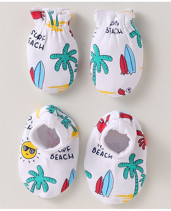 Babyhug 100% Cotton Interlock Knit Mittems & Booties Set With Beach Theme Print - White