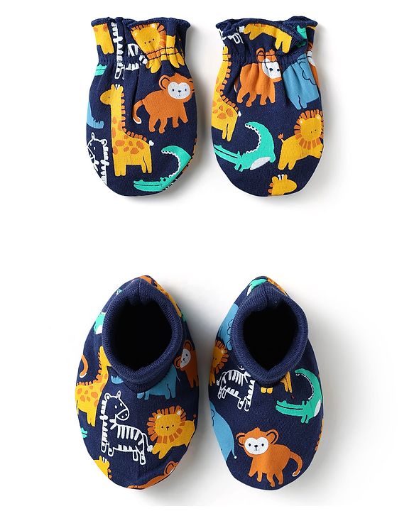 Babyhug 100% Cotton Mittens & Booties Set With Animal Print - Navy Blue