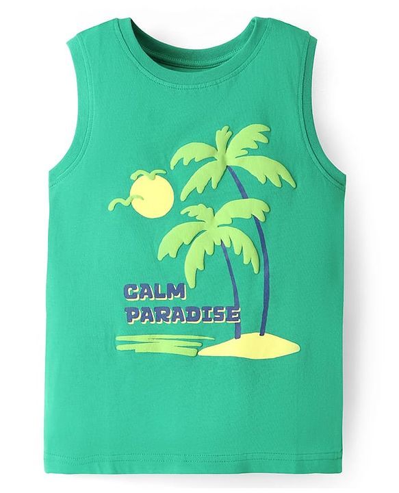 Pine Kids Cotton Knit Sleeveless Tank T-Shirt with Beach Theme Print - Mint