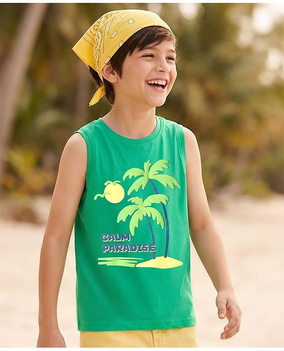 Pine Kids Cotton Knit Sleeveless Tank T-Shirt with Beach Theme Print - Mint