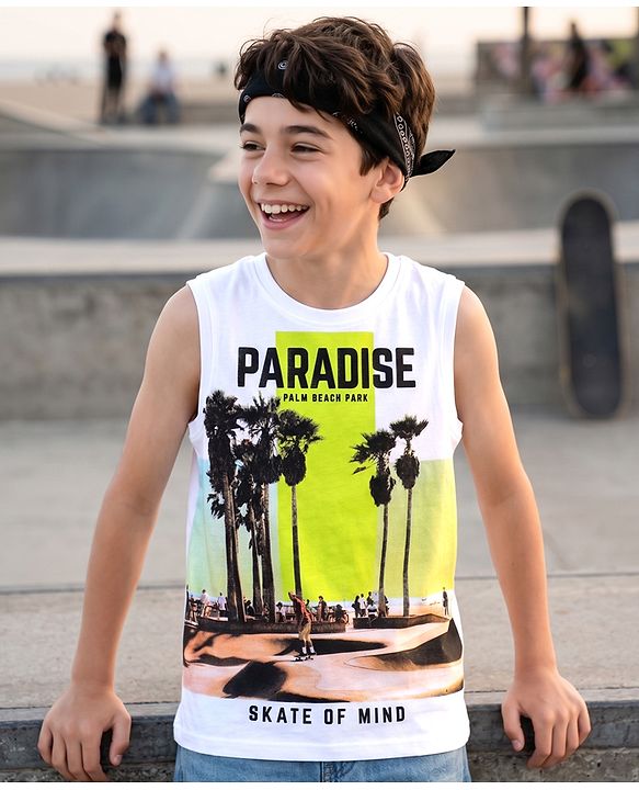 Pine Kids Cotton Knit Sleeveless Tank T-Shirt with Beach Theme Print - White