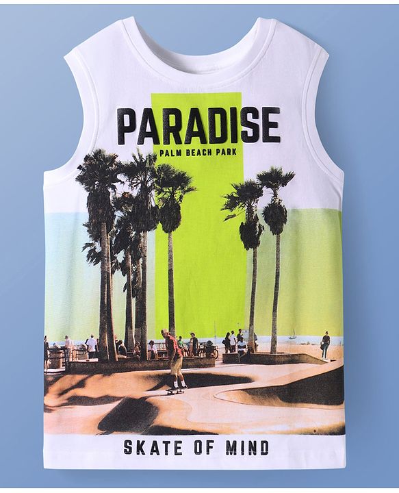 Pine Kids Cotton Knit Sleeveless Tank T-Shirt with Beach Theme Print - White