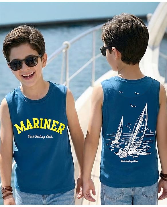 Pine Kids Cotton Knit Sleeveless Tank T-Shirt with Text Print - Navy Blue
