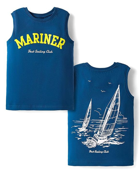 Pine Kids Cotton Knit Sleeveless Tank T-Shirt with Text Print - Navy Blue
