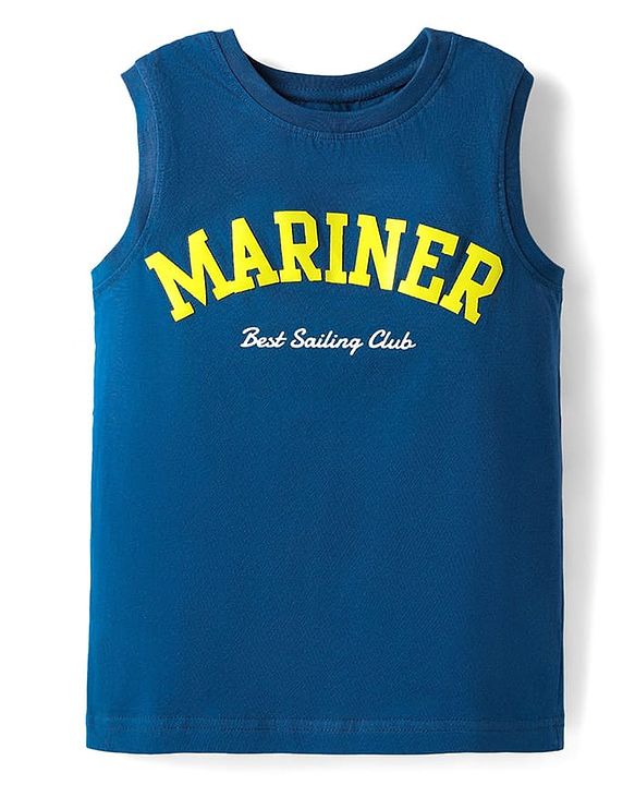 Pine Kids Cotton Knit Sleeveless Tank T-Shirt with Text Print - Navy Blue