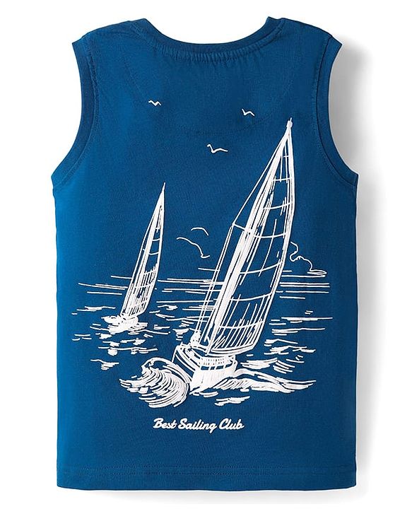 Pine Kids Cotton Knit Sleeveless Tank T-Shirt with Text Print - Navy Blue