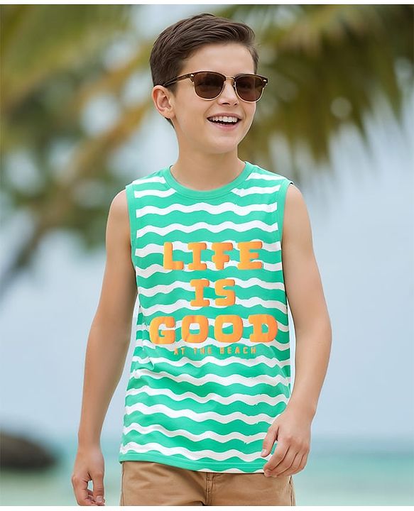 Pine Kids Cotton Knit Sleeveless Tank T-Shirt Beach Theme Print - Sea Green