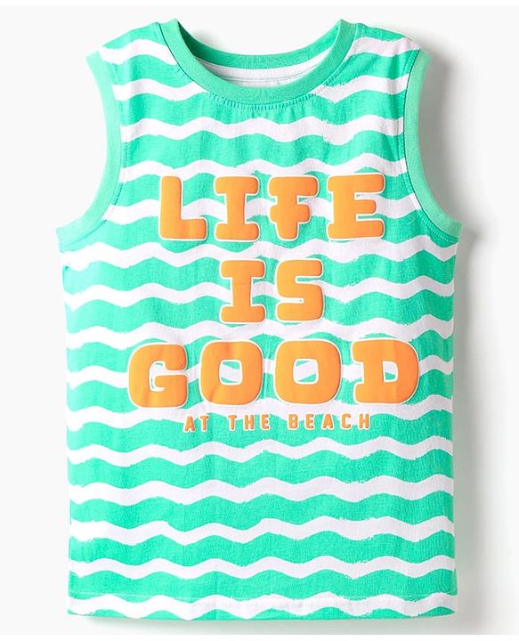 Pine Kids Cotton Knit Sleeveless Tank T-Shirt Beach Theme Print - Sea Green