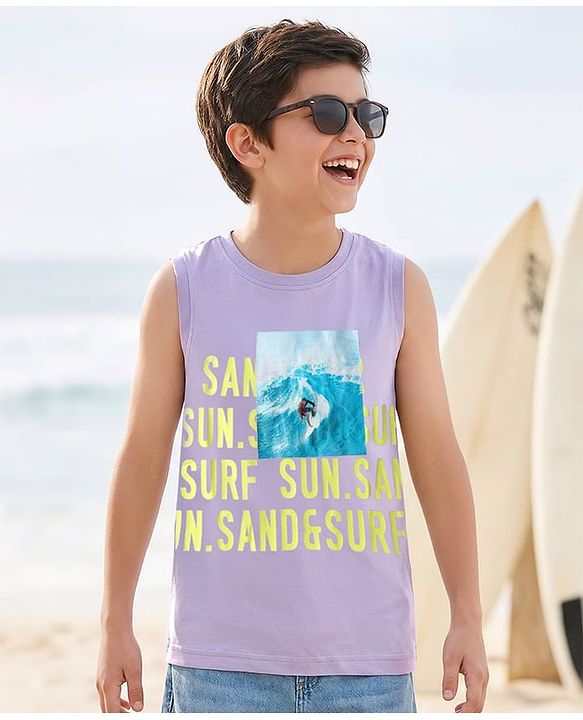 Pine Kids Cotton Knit Sleeveless Tank T-Shirt with Beach Theme Print - Lilac