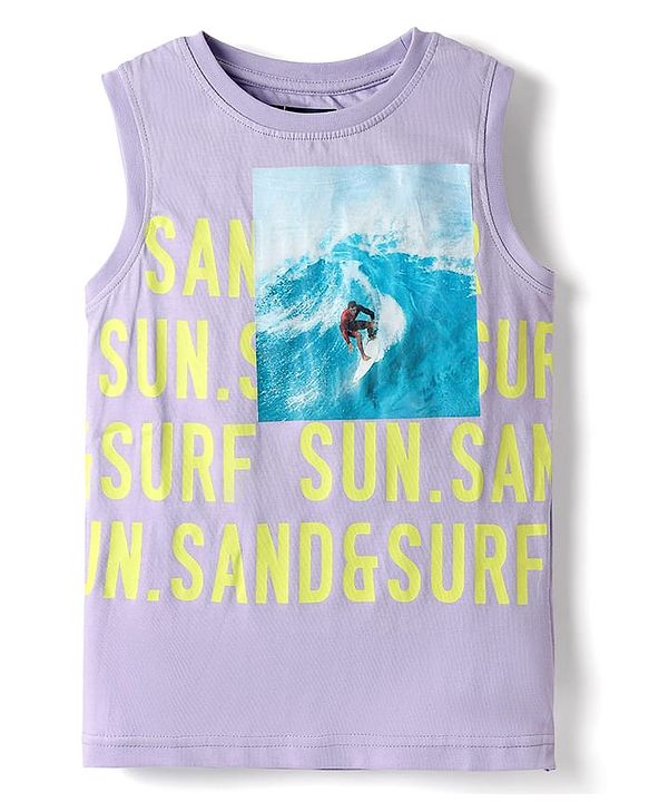 Pine Kids Cotton Knit Sleeveless Tank T-Shirt with Beach Theme Print - Lilac