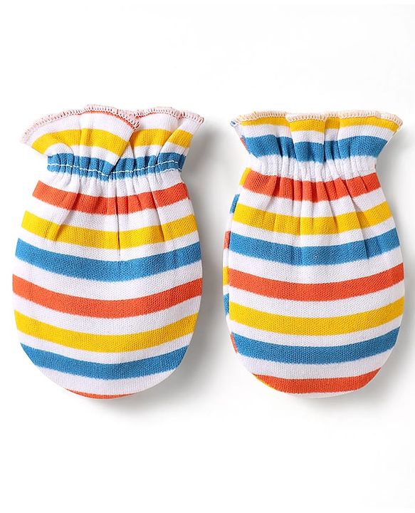 Babyhug 100% Cotton Interlock Knit Mittens With Stripes & Animal Print Pack Of 3 - Blue yellow & Light Blue
