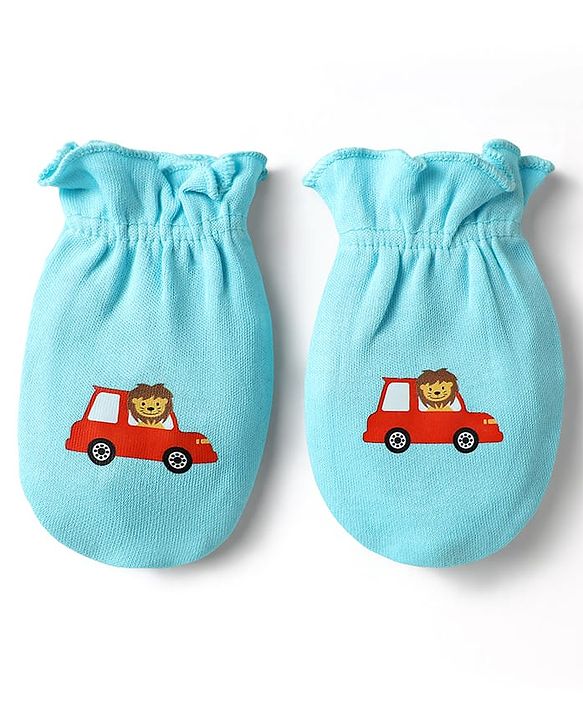 Babyhug 100% Cotton Interlock Knit Mittens With Stripes & Animal Print Pack Of 3 - Blue yellow & Light Blue